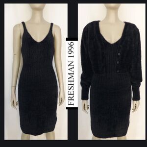 NWOT Freshman 1996 2-Piece Set, Ribbed, and Fuzzy Black Dress with Cardigan